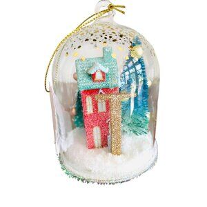 Anthropologie Festive Letter T Snow Globe Ornament Village House and Trees New